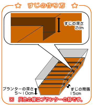 すじの作り方　※灰色の線はプランターの枠です。　プランターの深さ：5～10cm　筋すじの間隔：15cm　すじの深さ：2cm